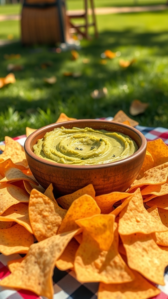 A bowl of guacamole surrounded by tortilla chips, set on a picnic blanket in a park.