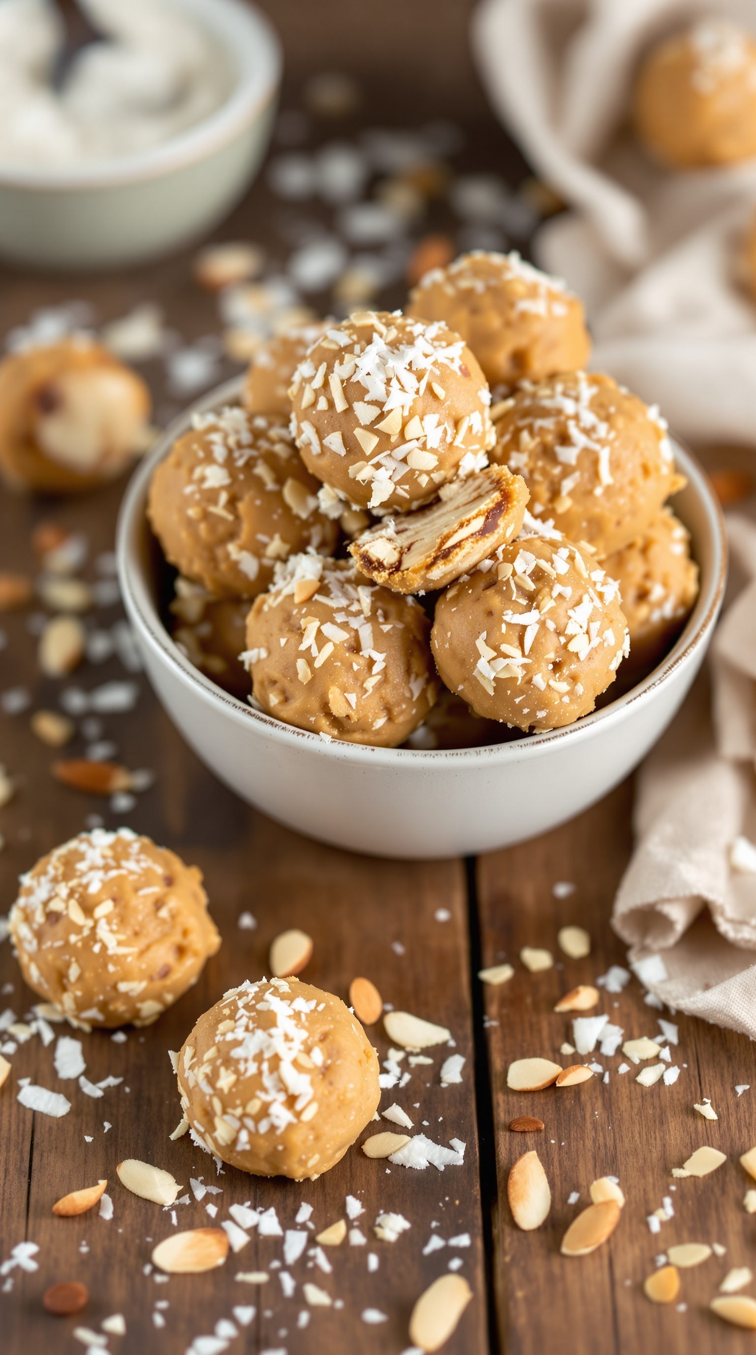 A bowl filled with edible Paleo cookie dough bites coated in coconut and almond slivers.