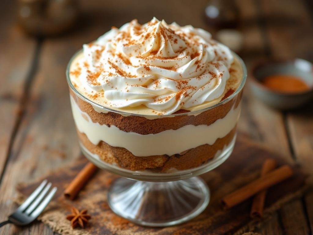 Eggnog trifle with layers of spice cake and whipped cream, garnished with cinnamon.