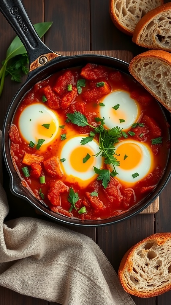 A skillet of Eggs in Purgatory with poached eggs in tomato sauce, garnished with parsley and served with bread.