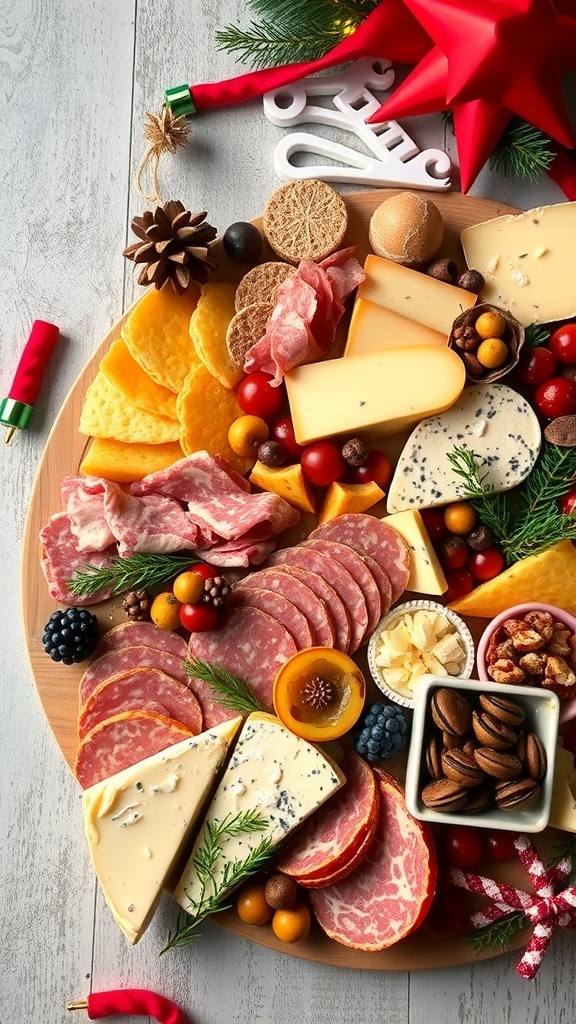 A festive charcuterie platter featuring various meats, cheeses, fruits, and decorative elements for a holiday celebration.