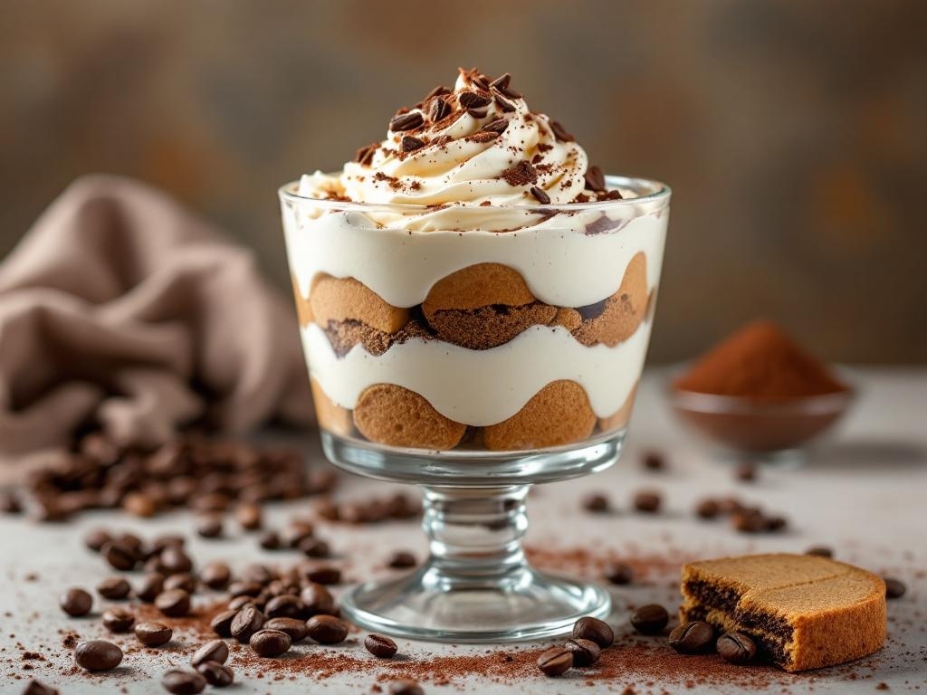 A delicious espresso tiramisu trifle with layers of coffee-soaked cookies and creamy mascarpone, topped with chocolate shavings.