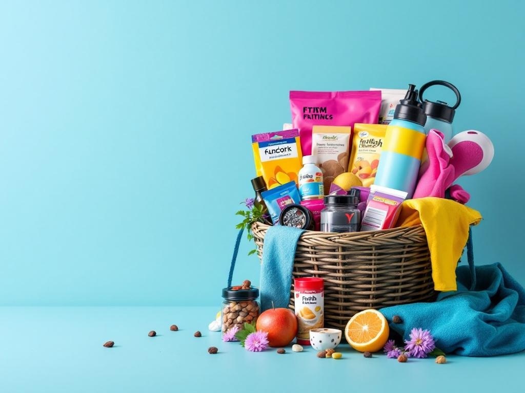 A fitness and wellness gift basket filled with colorful workout essentials, healthy snacks, and wellness products.