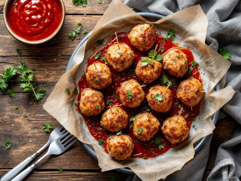 A plate of spiced meatballs served with tomato sauce and garnished with parsley.