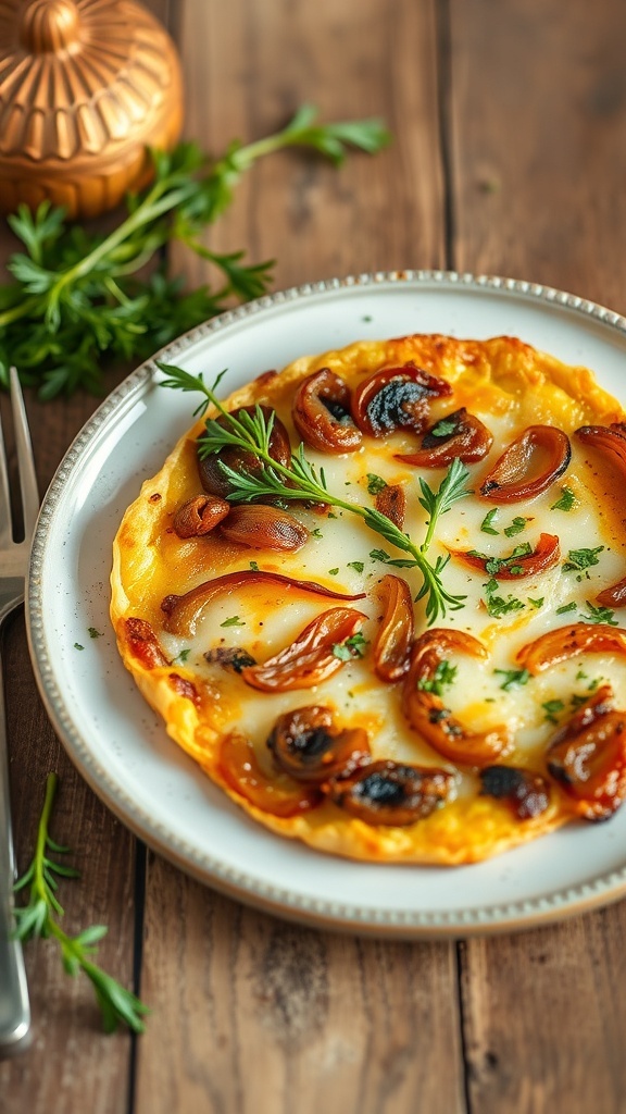 A delicious French Onion Frittata garnished with herbs on a plate