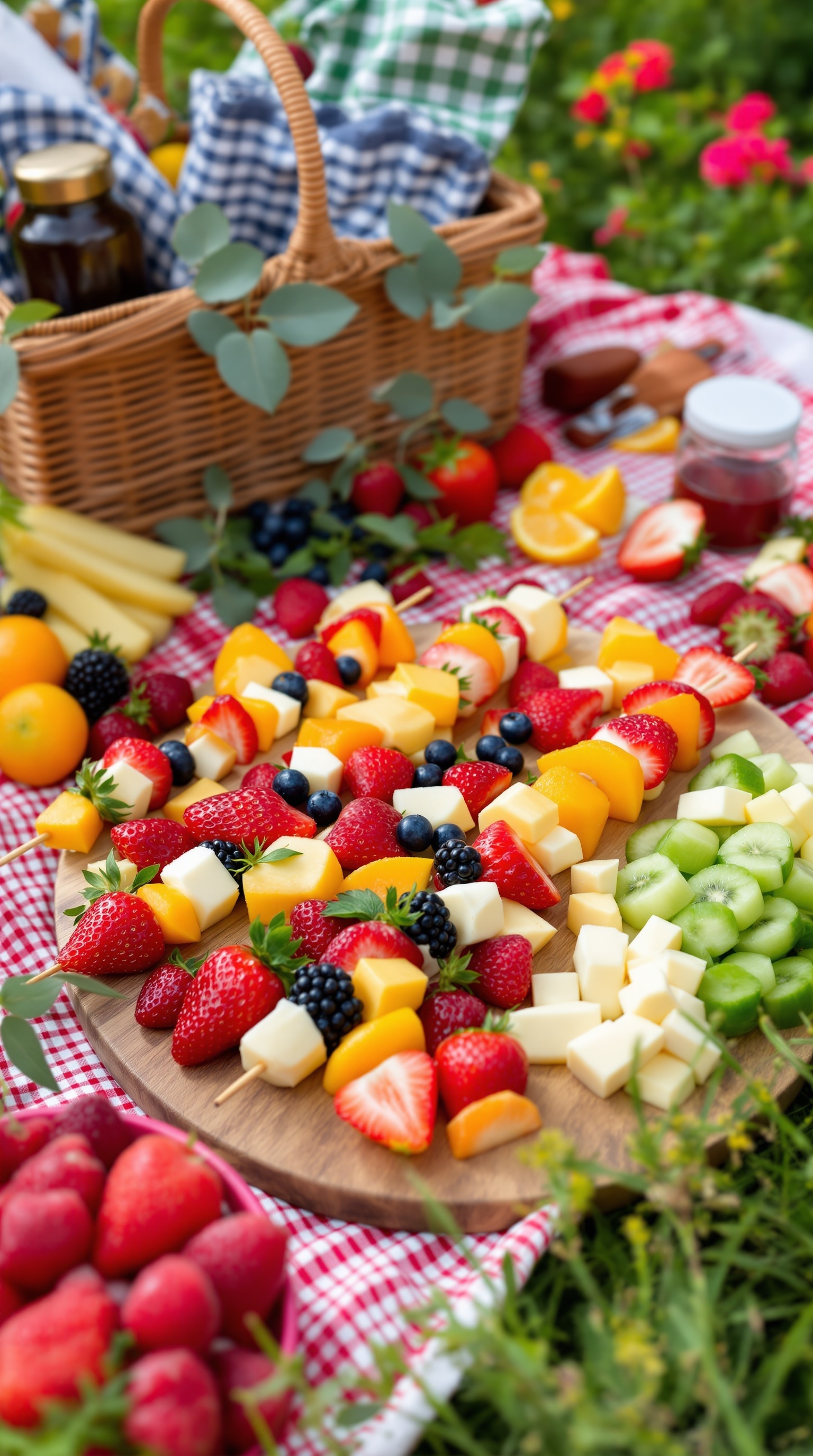 Colorful fruit and cheese kabobs on a picnic blanket