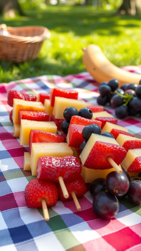 Colorful fruit skewers with strawberries, grapes, and melon on a picnic blanket