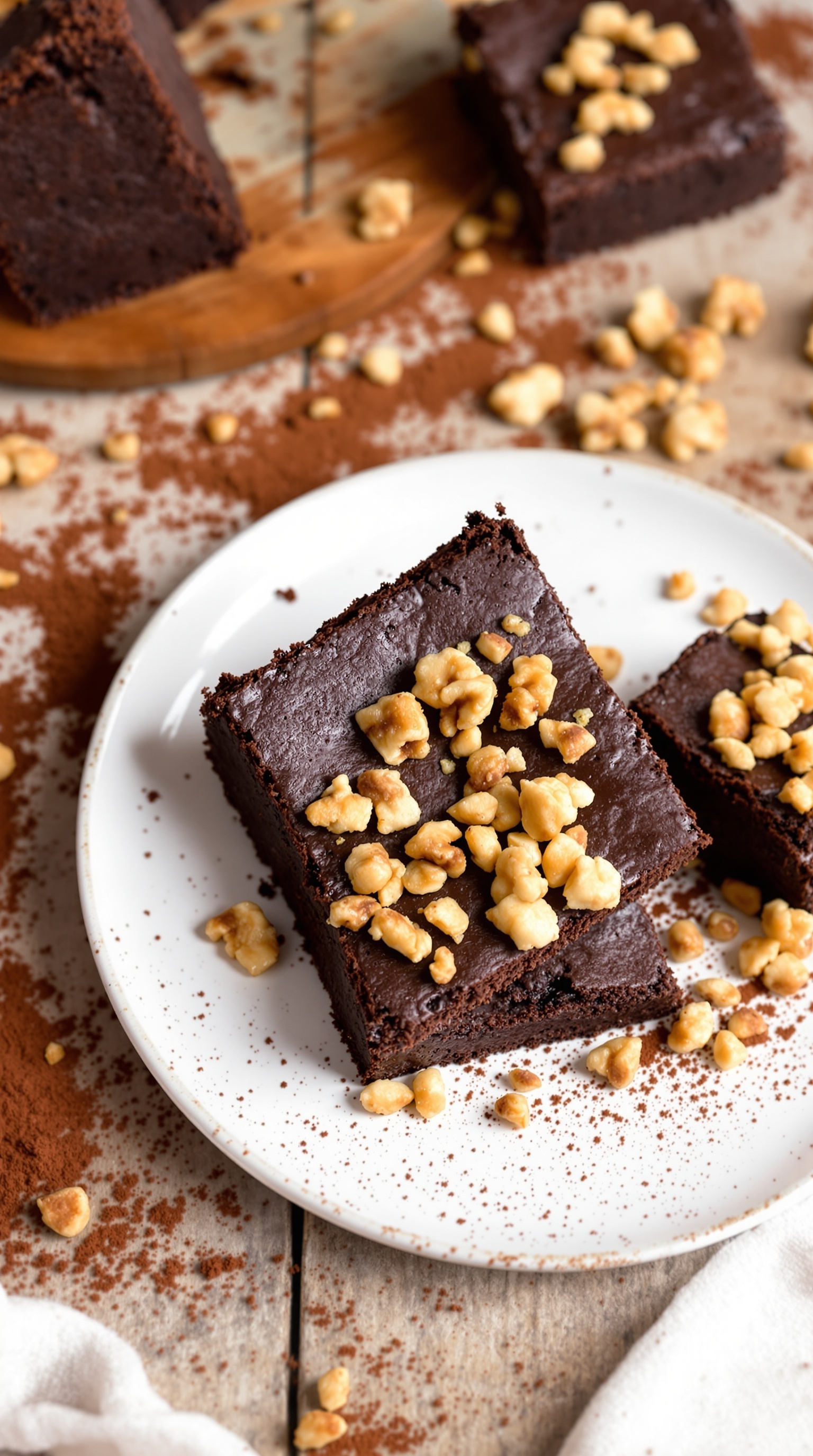 Fudgy dark chocolate paleo brownies topped with walnuts on a white plate, surrounded by cocoa powder.