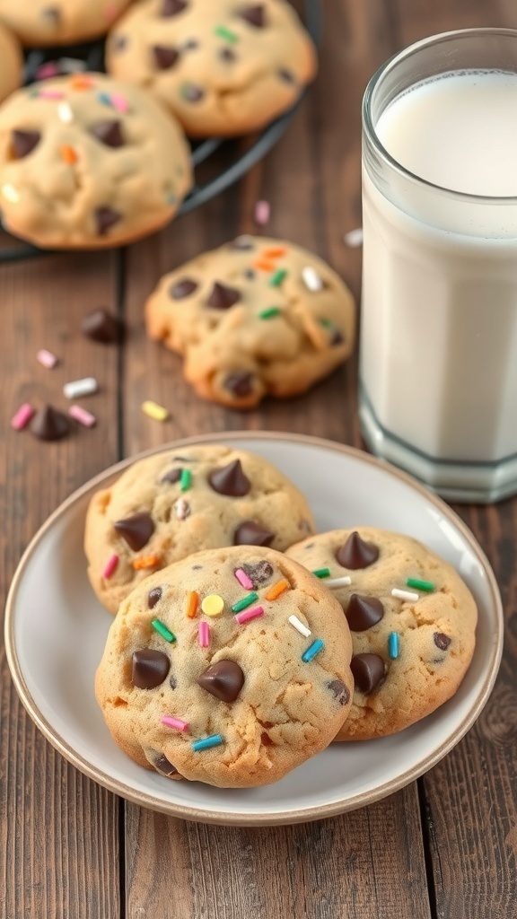 Plate of Funfetti Cake Mix Chocolate Chip Cookies with colorful sprinkles and a glass of milk