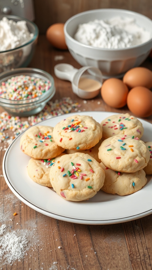 Plate of funfetti cake mix cookies with colorful sprinkles, surrounded by baking ingredients.