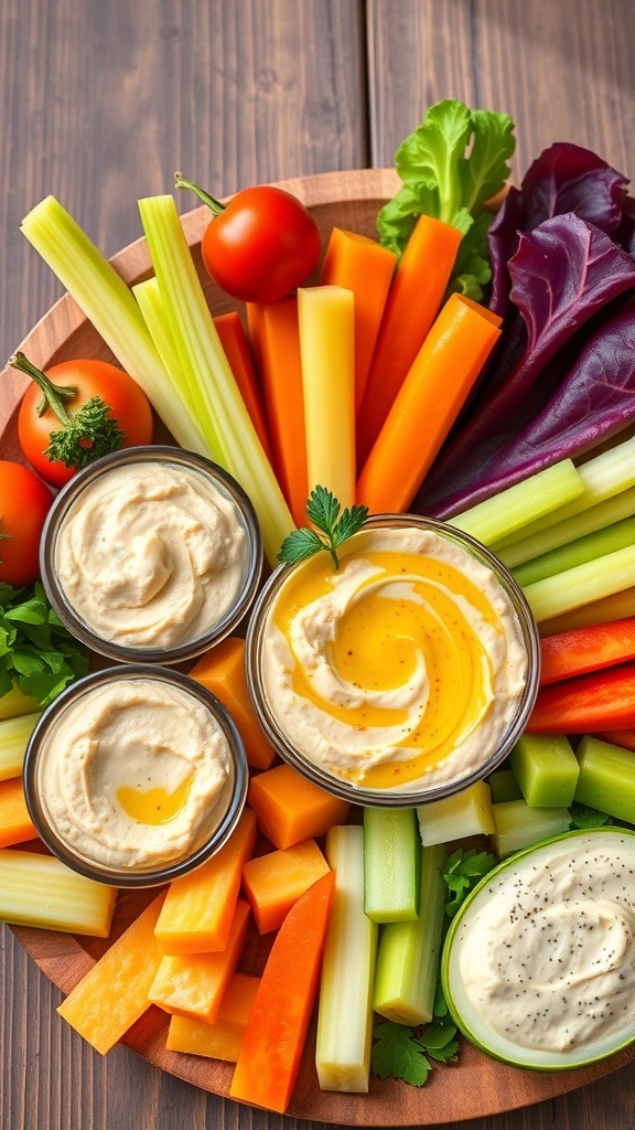 A vibrant garden fresh veggie board featuring colorful vegetables and creamy dips.