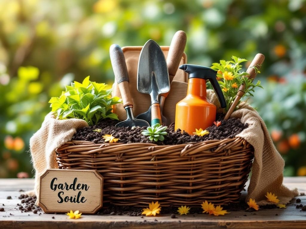 A wicker basket filled with gardening tools, plants, and a sign that says 'Garden Soil'.