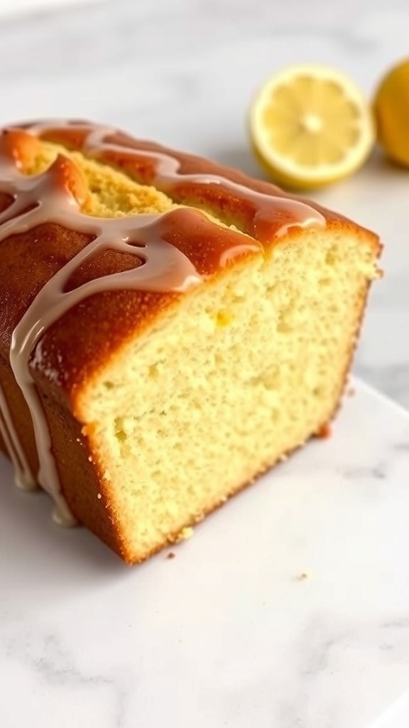 A slice of glazed honey lemon pound cake with lemon halves in the background.
