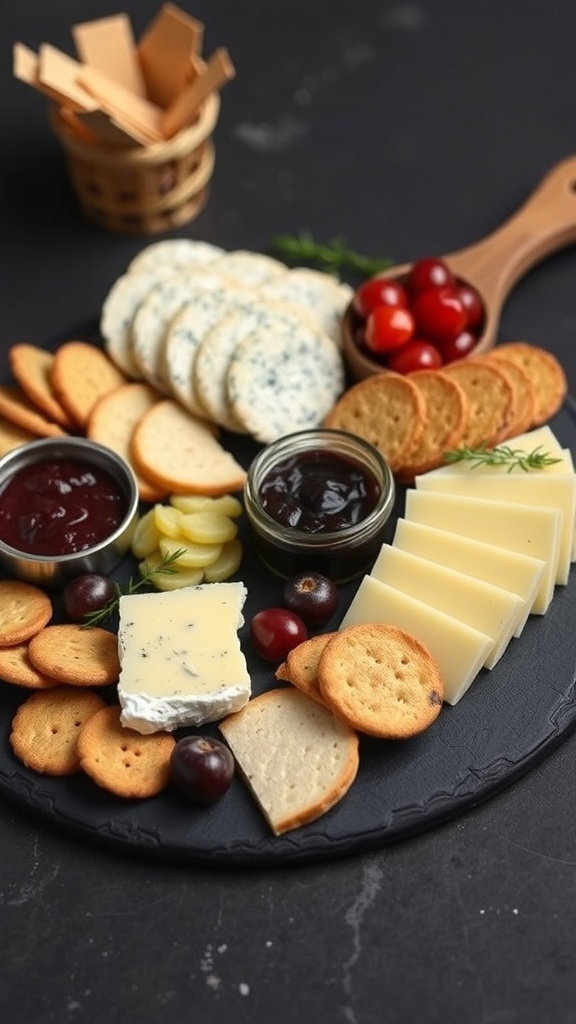 A gourmet cheese selection on a charcuterie platter with crackers, grapes, and jams.