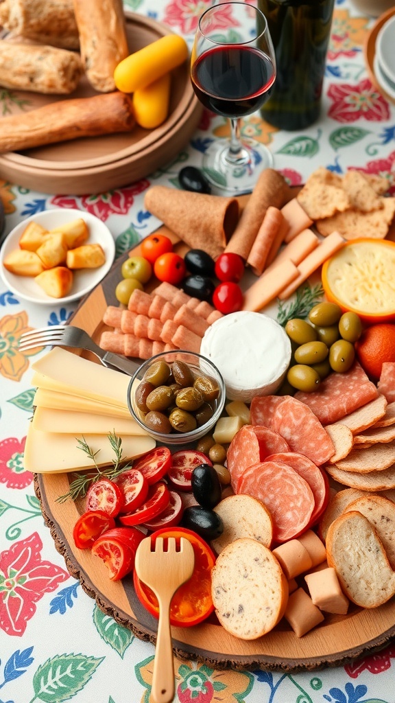 A gourmet charcuterie platter featuring cured meats, cheeses, olives, and fresh vegetables, accompanied by a glass of red wine.