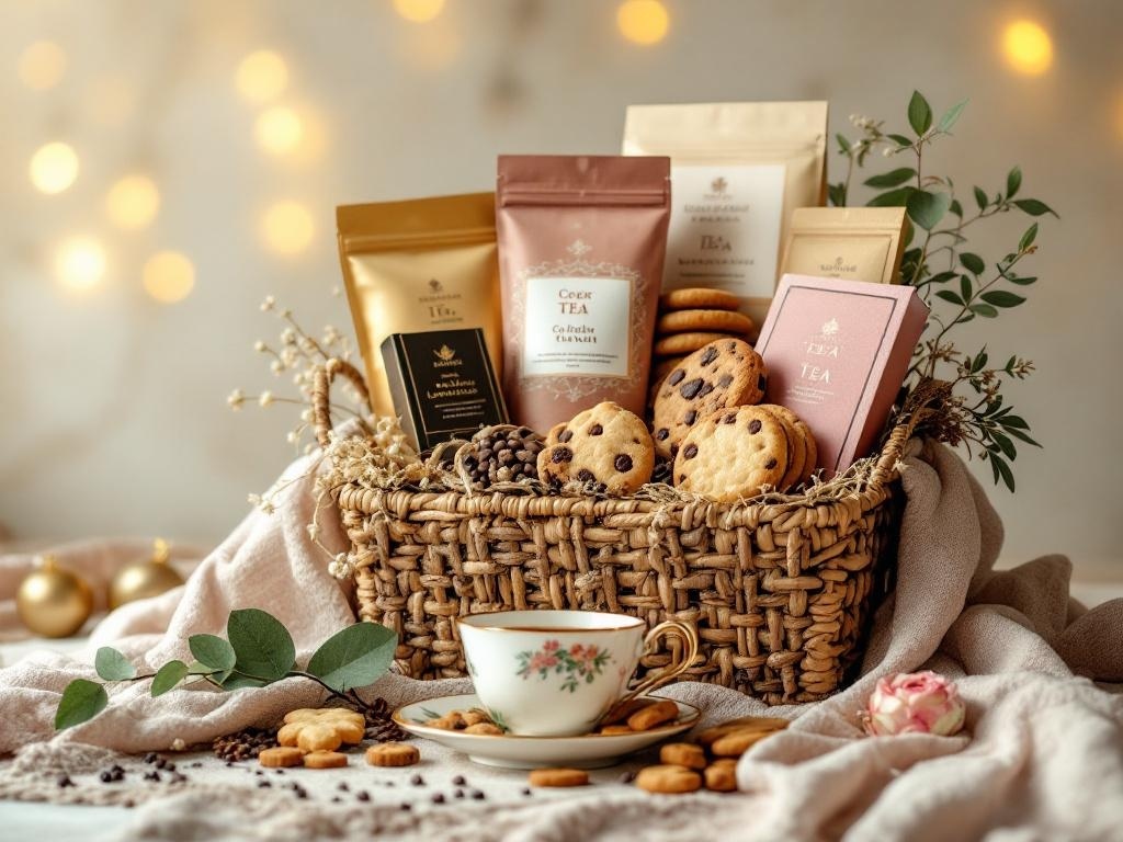A beautifully arranged gourmet tea and treats basket featuring various tea bags, cookies, and a delicate teacup.