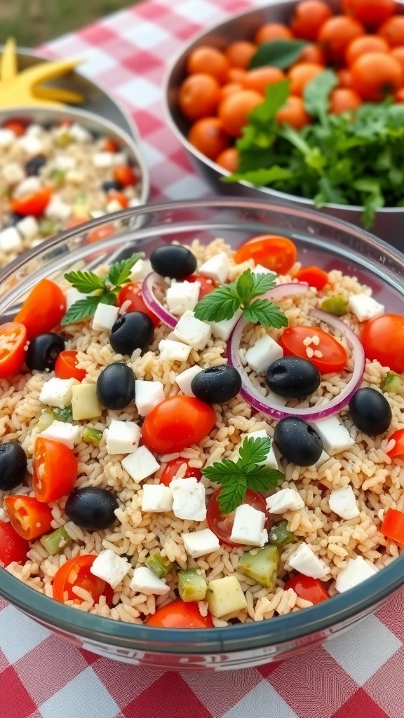 A bowl of Greek Orzo Salad with cherry tomatoes, black olives, feta cheese, and fresh herbs, set on a picnic table.
