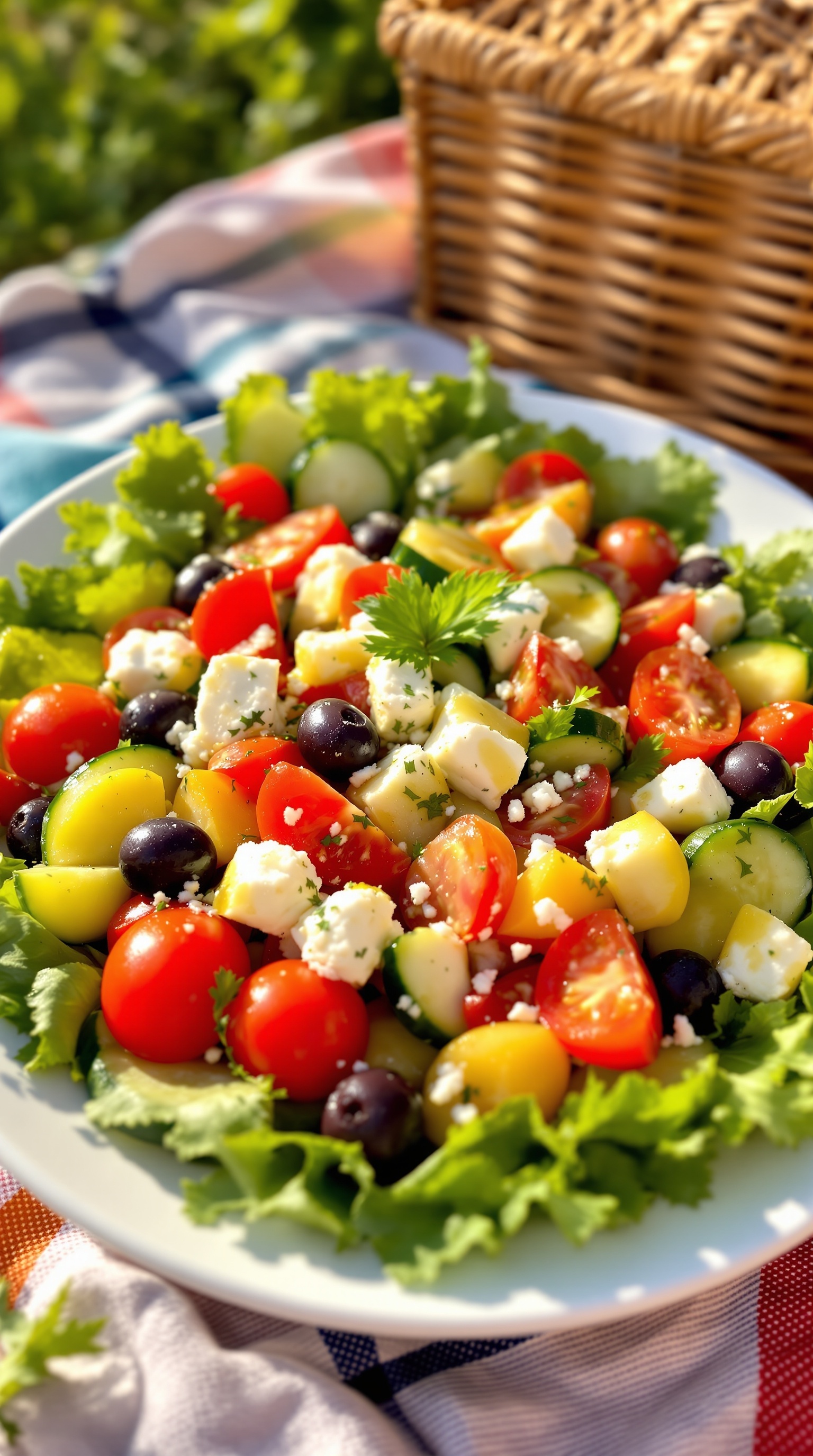 A colorful Greek salad with tomatoes, cucumbers, olives, and feta cheese, served on a picnic blanket.