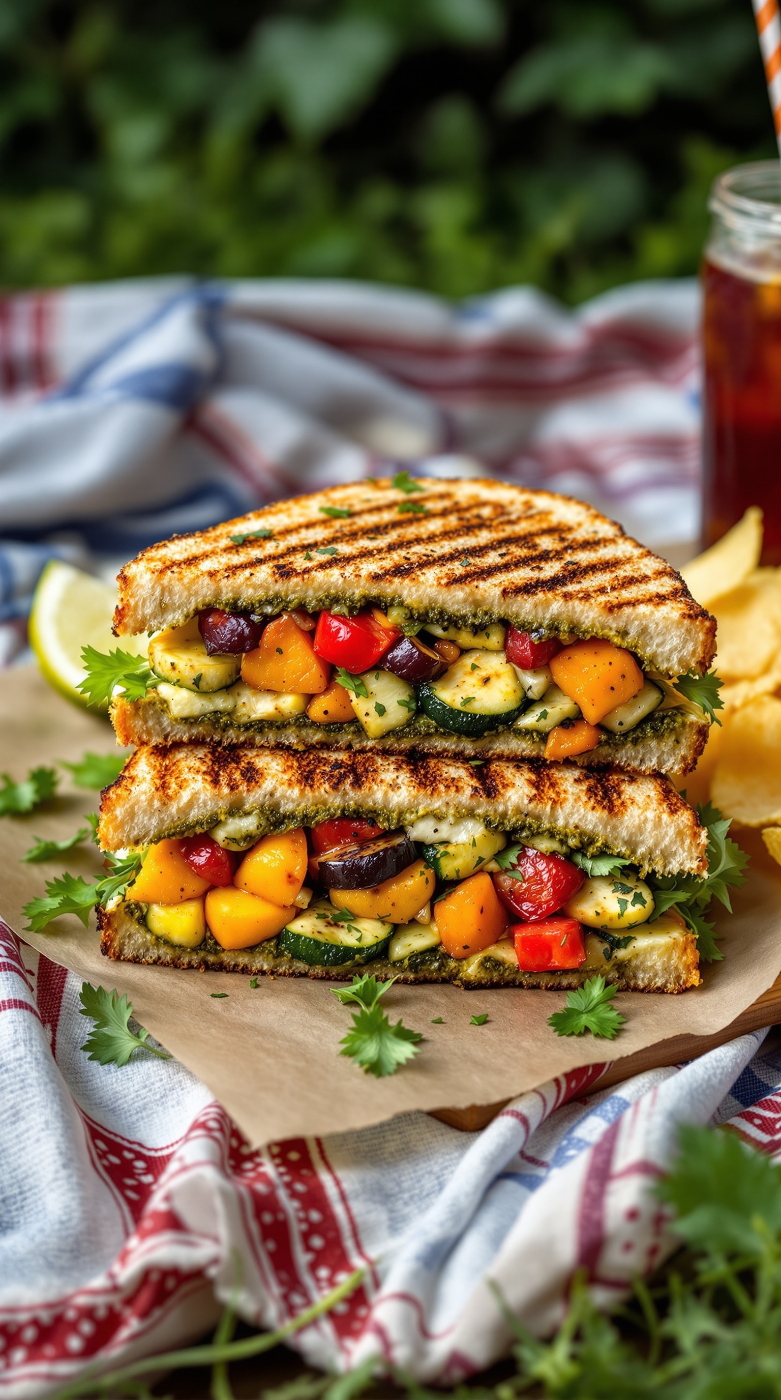 A grilled vegetable and pesto panini stacked on a plate, showcasing colorful vegetables and crispy bread.