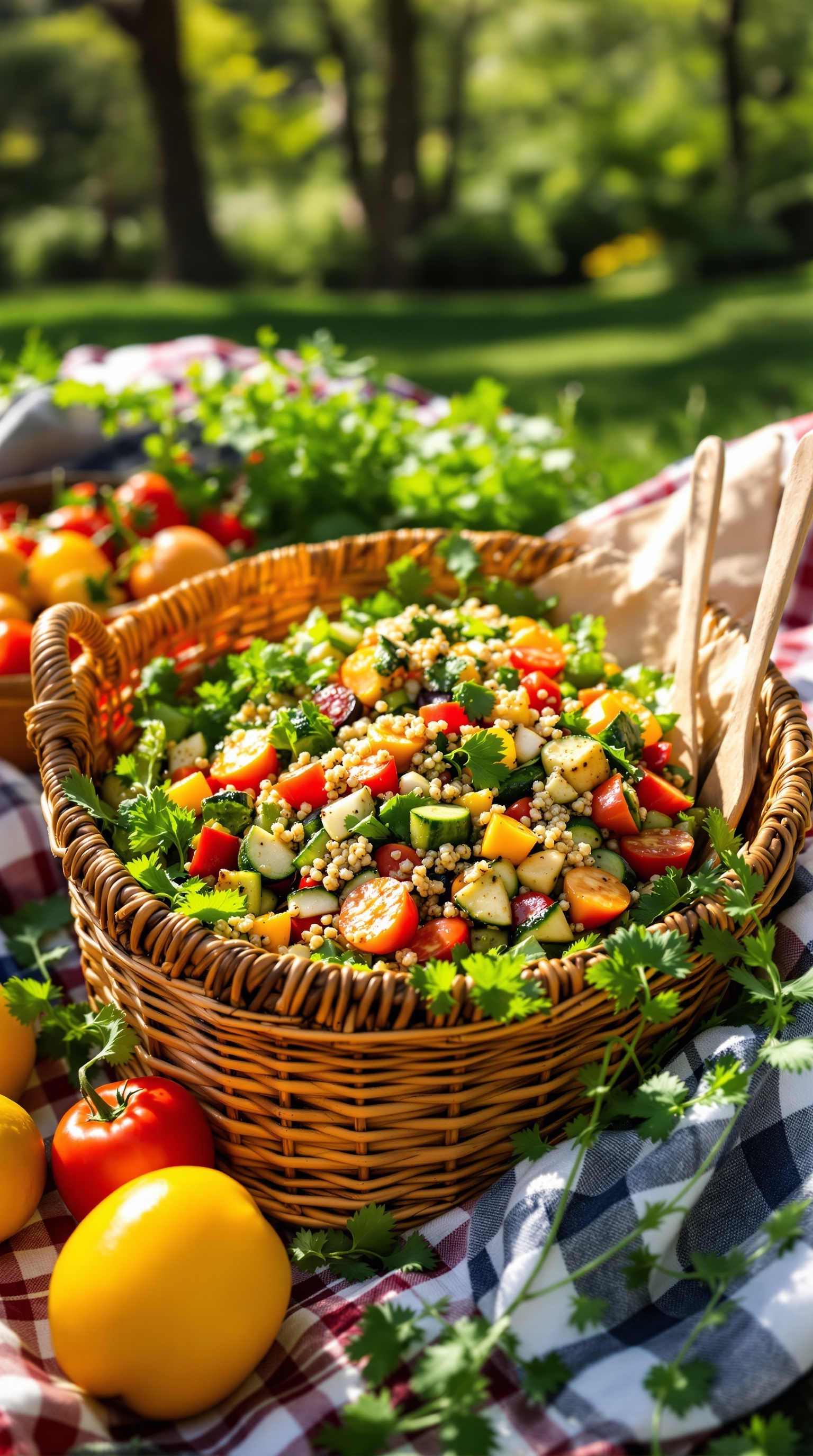 A vibrant grilled veggie and quinoa salad in a woven basket, surrounded by fresh vegetables.