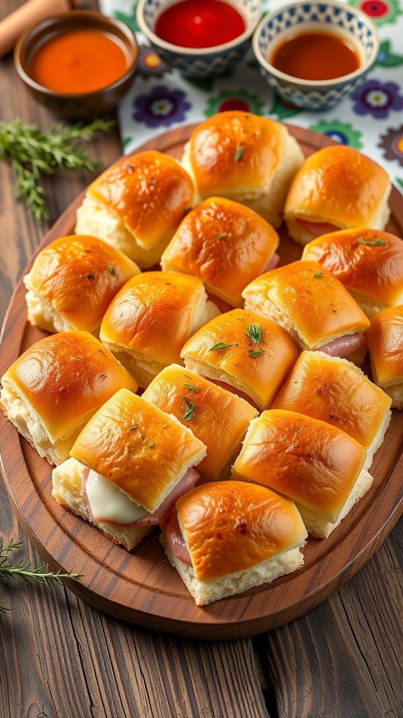 A platter of ham and cheese sliders with dipping sauces