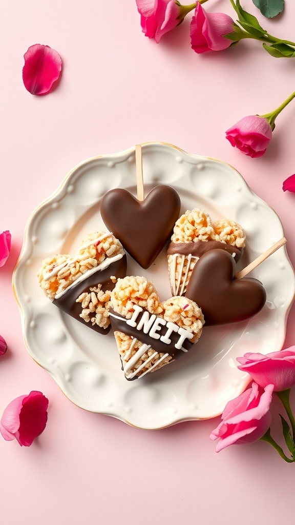 Heart-shaped chocolate-dipped Rice Krispie treats on a plate with pink roses