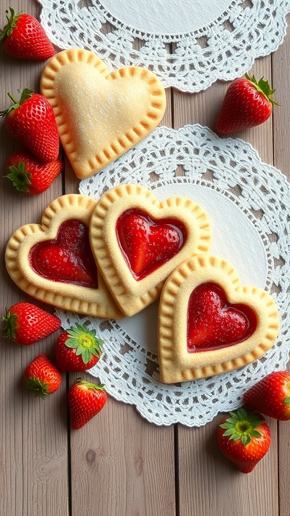 Heart-shaped strawberry hand pies on lace doilies with fresh strawberries