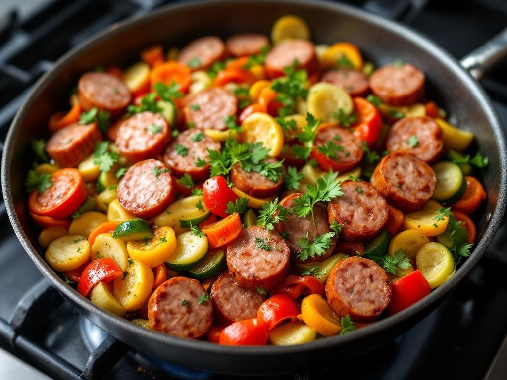 A colorful skillet filled with sliced sausage and a variety of vegetables including bell peppers, zucchini, and cherry tomatoes.