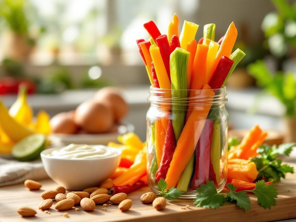 Colorful veggie sticks in a jar with creamy almond dip and almonds on a wooden board.