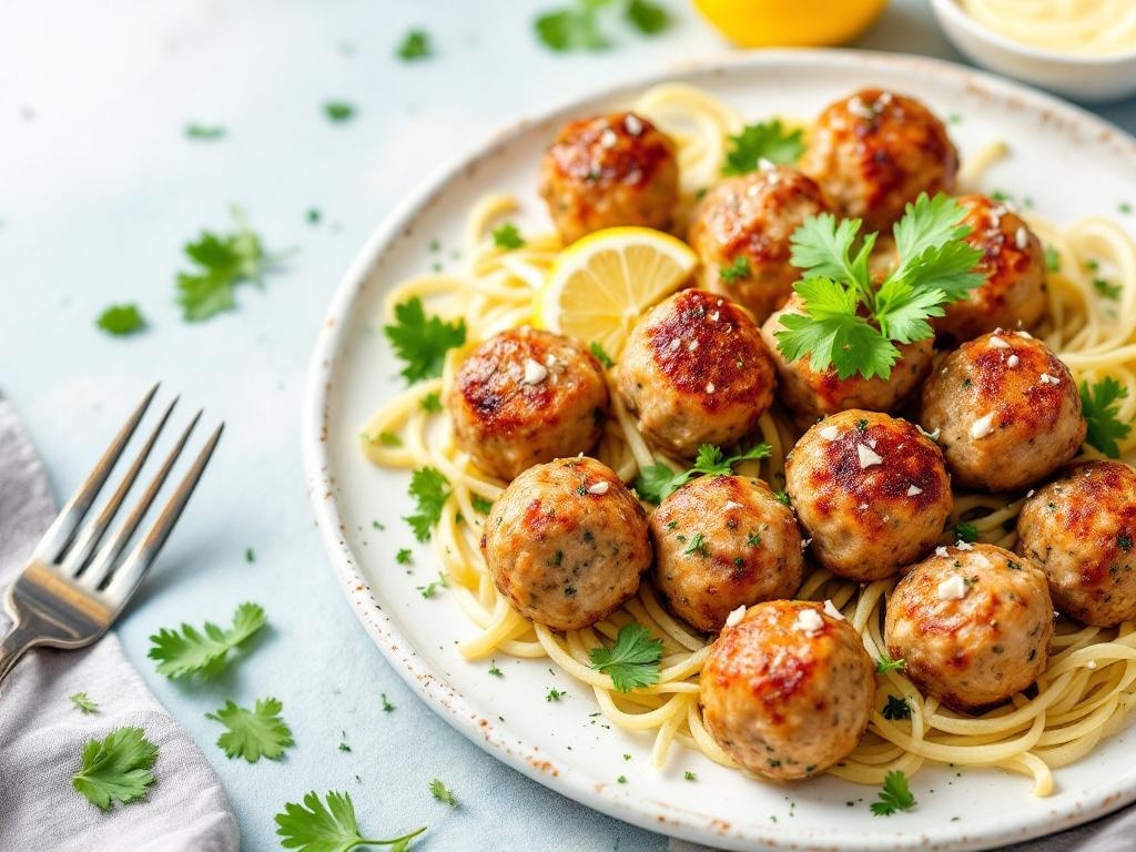Plate of herbed turkey meatballs with garlic aioli and garnished with fresh herbs