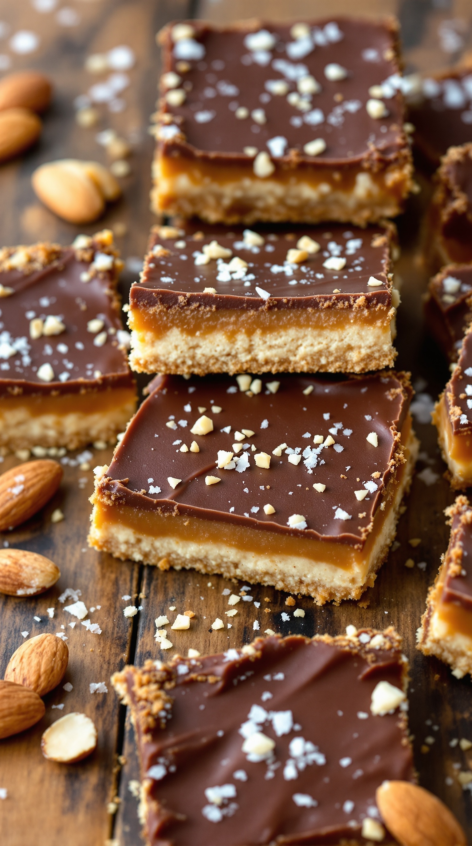 Homemade Paleo Twix Bars with almond caramel layer, topped with chocolate and sea salt.