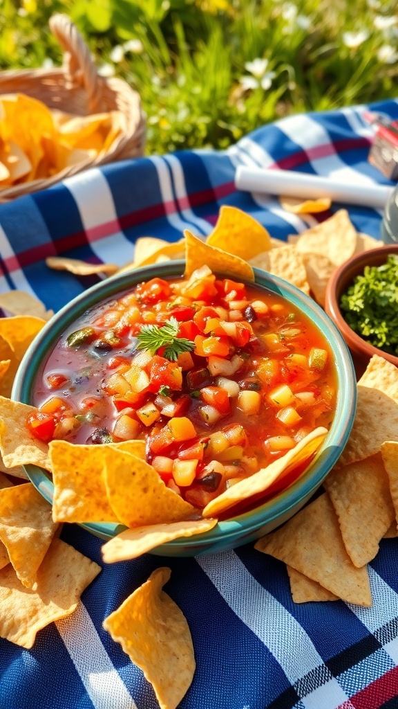 A bowl of homemade salsa surrounded by tortilla chips on a picnic blanket.