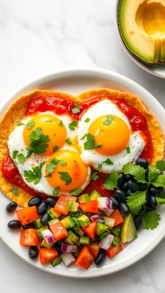 A plate of Huevos Rancheros with eggs, tomato sauce, and fresh toppings