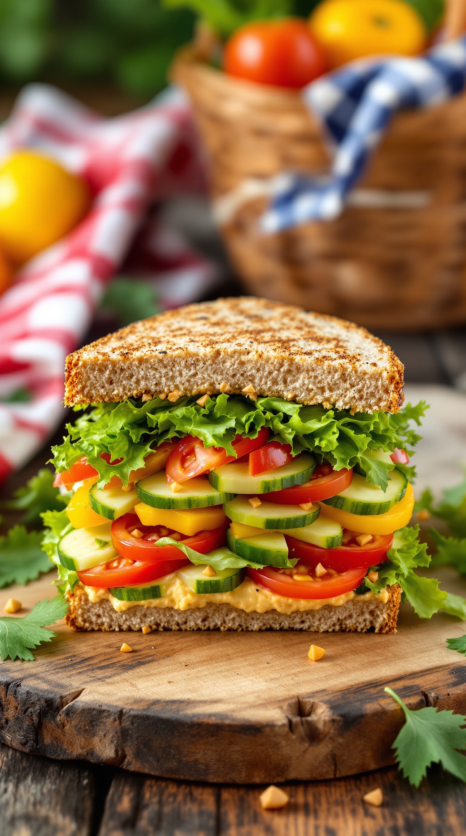 A colorful hummus and veggie sandwich stacked high with fresh vegetables on whole grain bread.