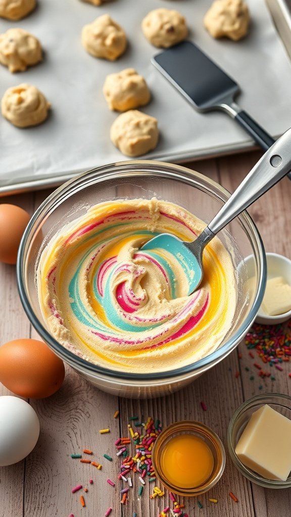 A colorful bowl of cake batter with sprinkles, eggs, and butter, ready to make cookies.