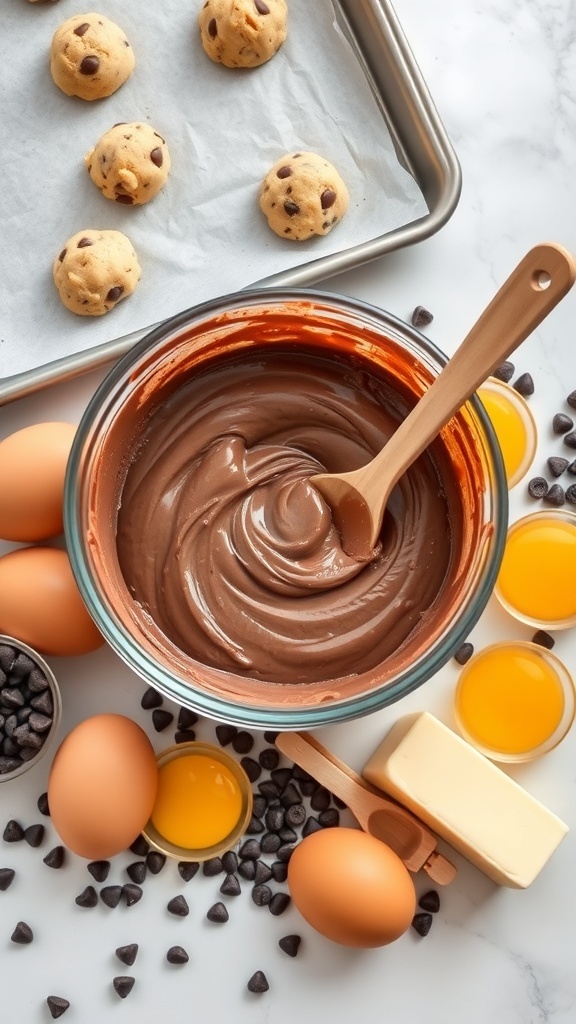 Bowl of chocolate batter with cookie dough balls on a baking sheet and ingredients like eggs and chocolate chips around.