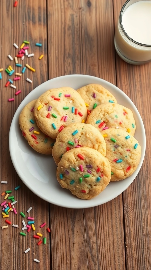 A plate of funfetti cookies with colorful sprinkles, accompanied by a glass of milk.