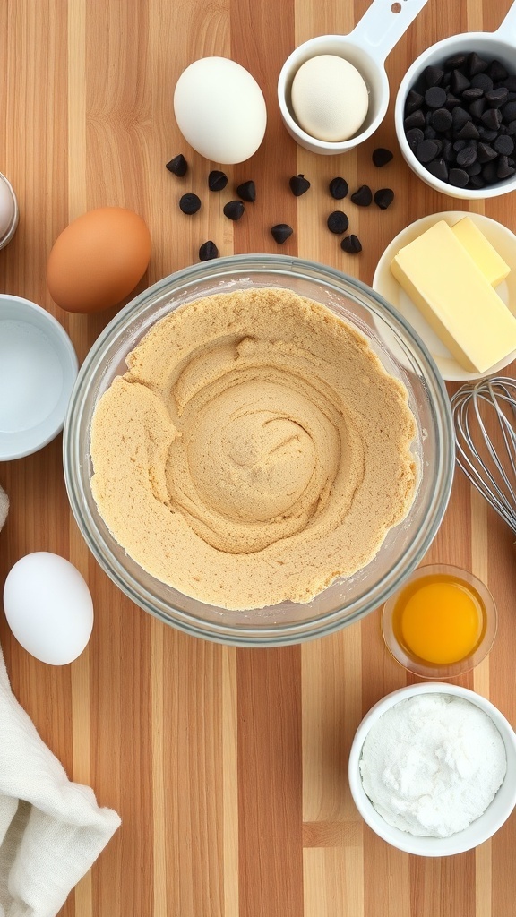 Ingredients for peanut butter cake mix cookies, including a bowl of peanut butter batter, eggs, chocolate chips, and butter.
