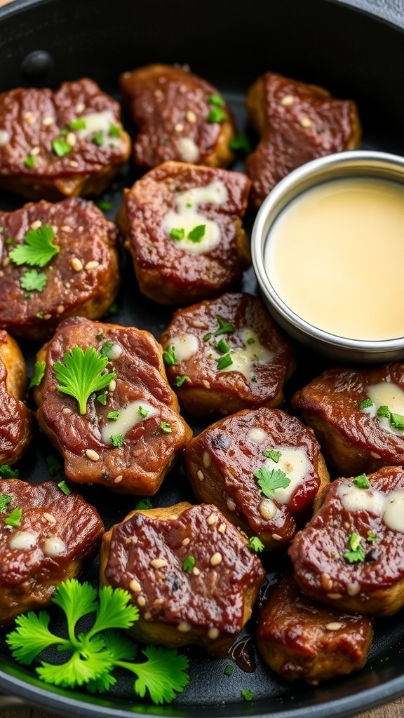 A plate of garlic butter steak bites garnished with herbs and served with a dipping sauce.