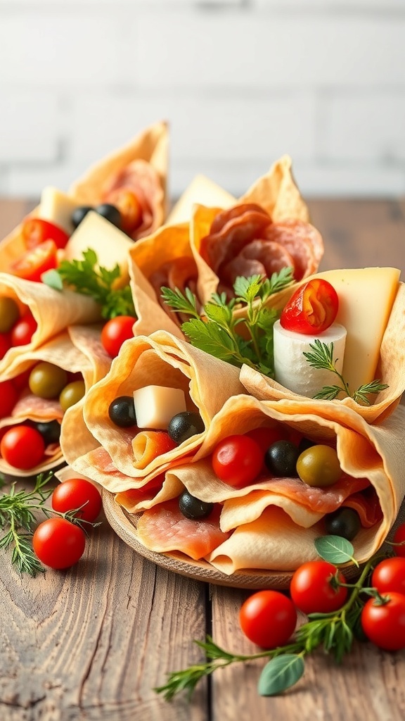 Italian antipasto charcuterie cones filled with meats, cheeses, and vegetables
