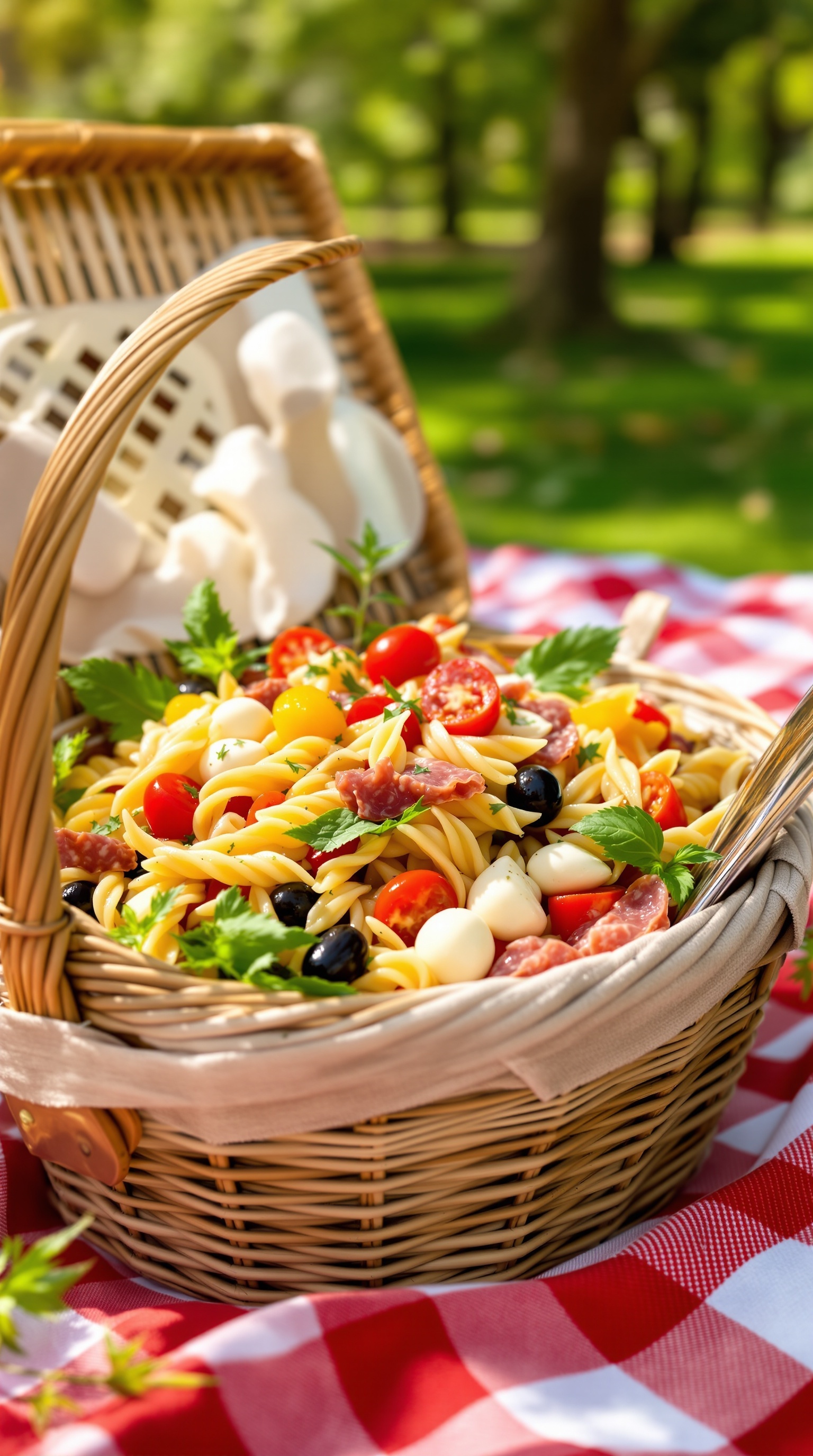 A picnic basket filled with Italian Antipasto Pasta Salad, featuring colorful pasta, cherry tomatoes, mozzarella, olives, and salami.