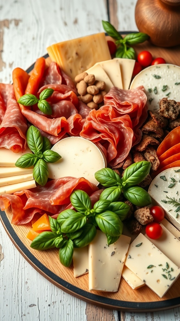 An Italian charcuterie platter featuring cured meats, cheeses, fresh basil, and cherry tomatoes.