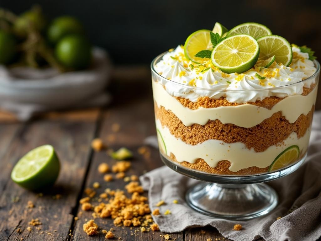 A delicious Key Lime Pie Trifle with layers of lime filling, graham cracker crumbs, and whipped cream, topped with lime slices.