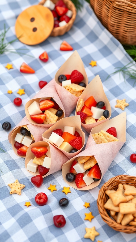 Colorful charcuterie cones filled with cheese, crackers, and fresh fruits on a picnic blanket.