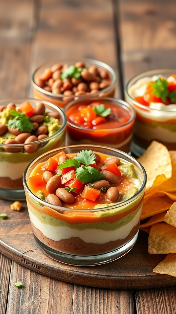Colorful layer dip cups with beans, guacamole, sour cream, salsa, and toppings