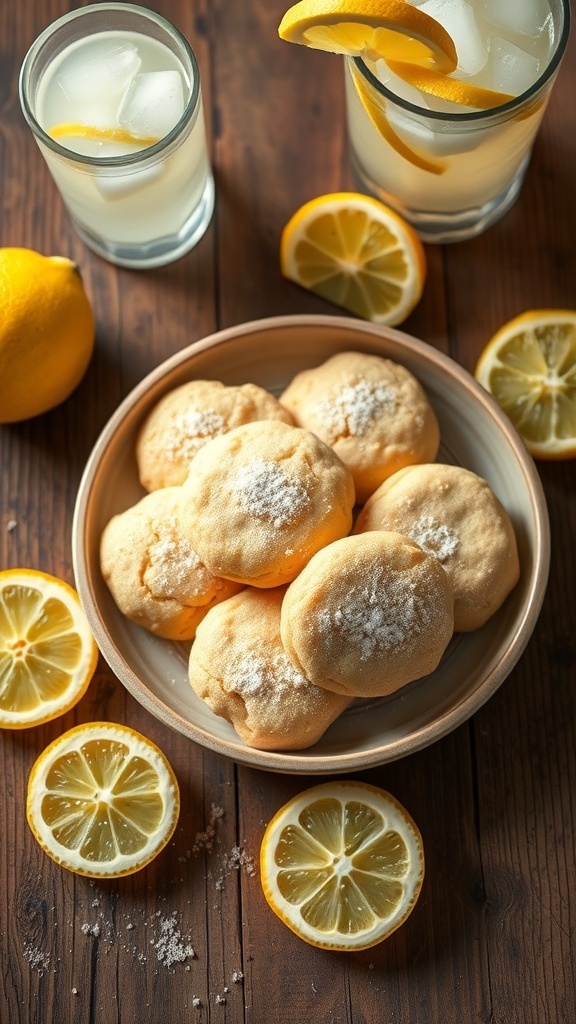 A plate of lemon cake mix cookies surrounded by fresh lemons and glasses of lemonade.