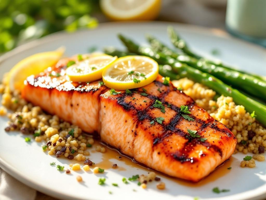 Grilled salmon fillet with lemon slices and asparagus on a plate