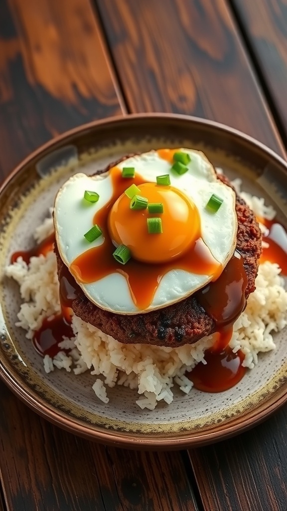 A plate of Loco Moco featuring rice, a hamburger patty, a fried egg, and brown gravy.