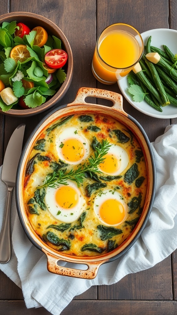 A baked spinach and feta egg casserole with eggs on top, served with a salad and orange juice.