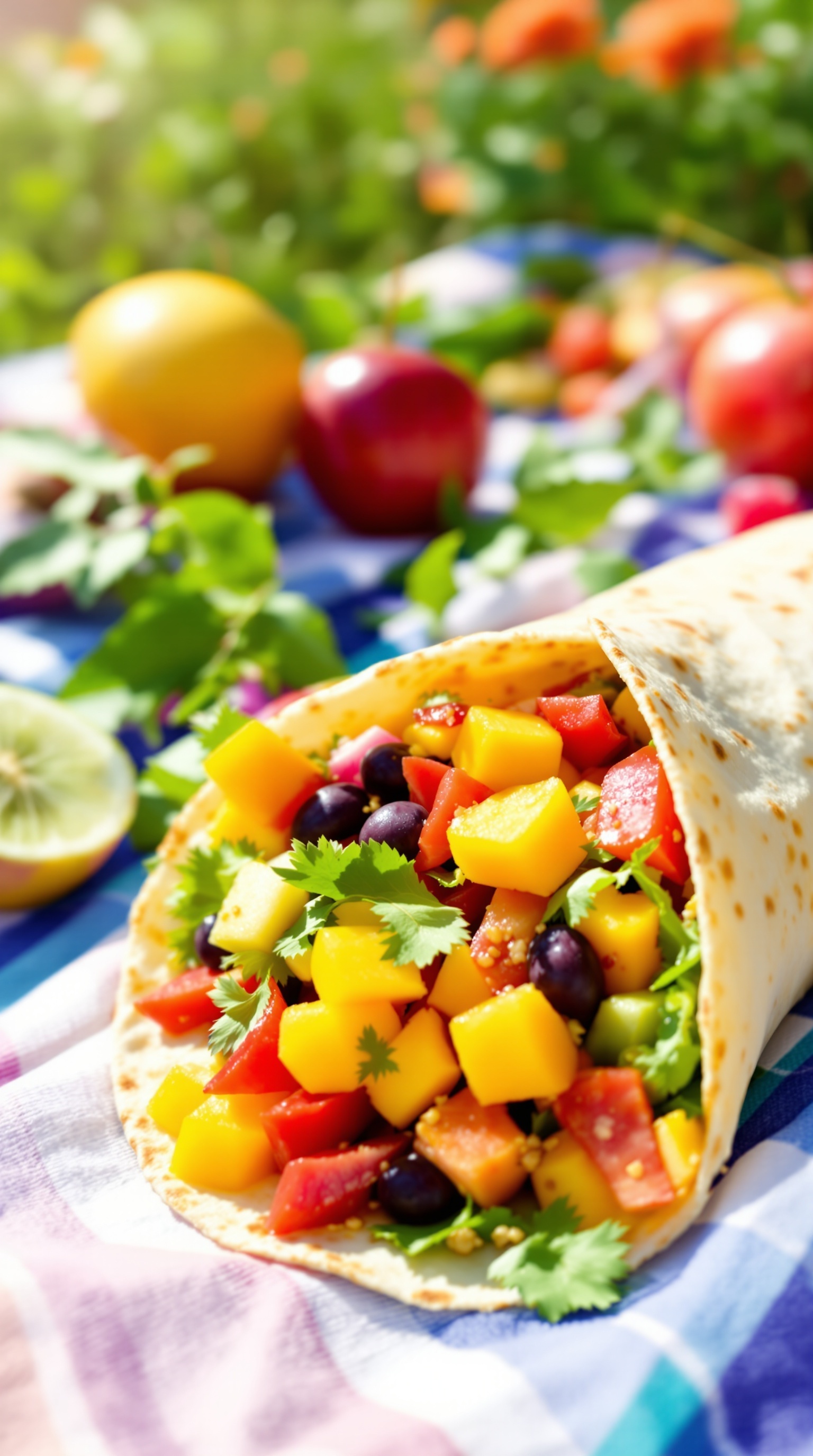 A colorful mango and black bean wrap filled with fresh ingredients, perfect for a picnic.